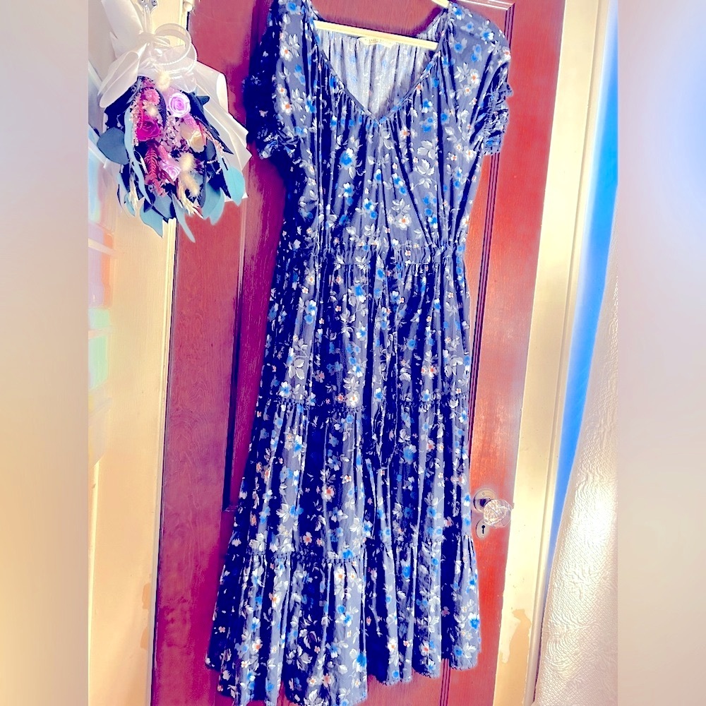 eShakti Dress 100% Cotton Floral, tiered peasant, 1x 18w, round trim, pockets